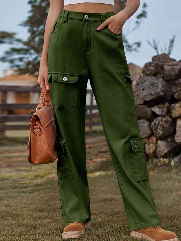 Buttoned Long Jeans Army Green