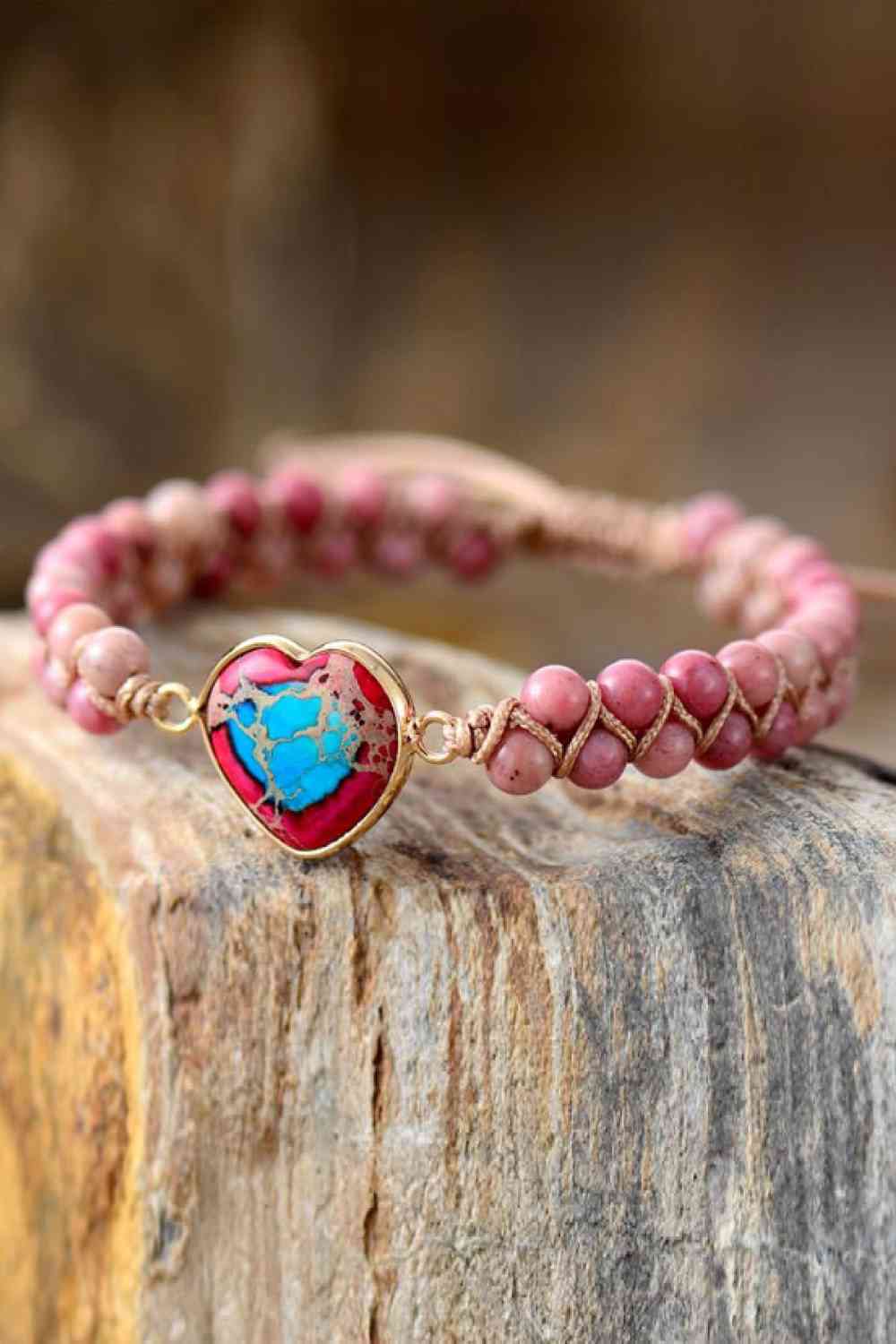 Handmade Heart Shape Natural Stone Bracelet Dusty Pink One Size