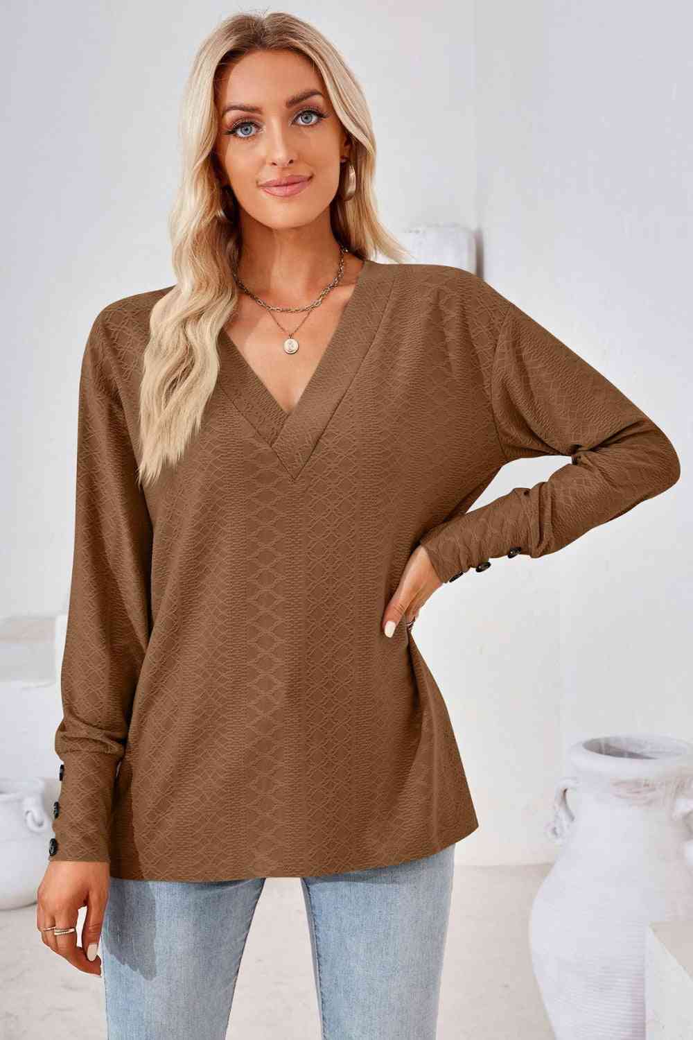 V-Neck Long Sleeve Blouse Chestnut