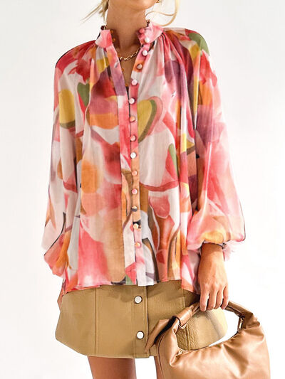 Printed Button Up Balloon Sleeve Shirt Coral