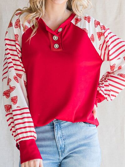 Heart Striped Quarter Button Long Sleeve T-Shirt Red