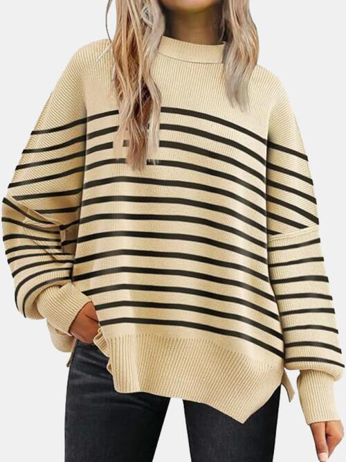 Round Neck Drop Shoulder Slit Sweater Apricot/Black