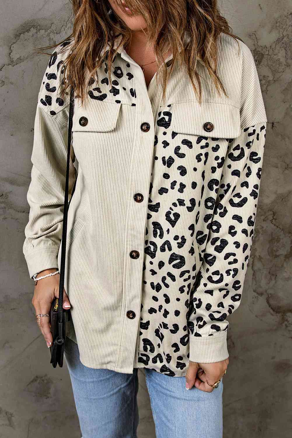 Double Take Leopard Print Pocketed Corduroy Jacket Ivory