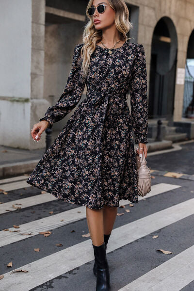 Printed Round Neck Flounce Sleeve Dress Black