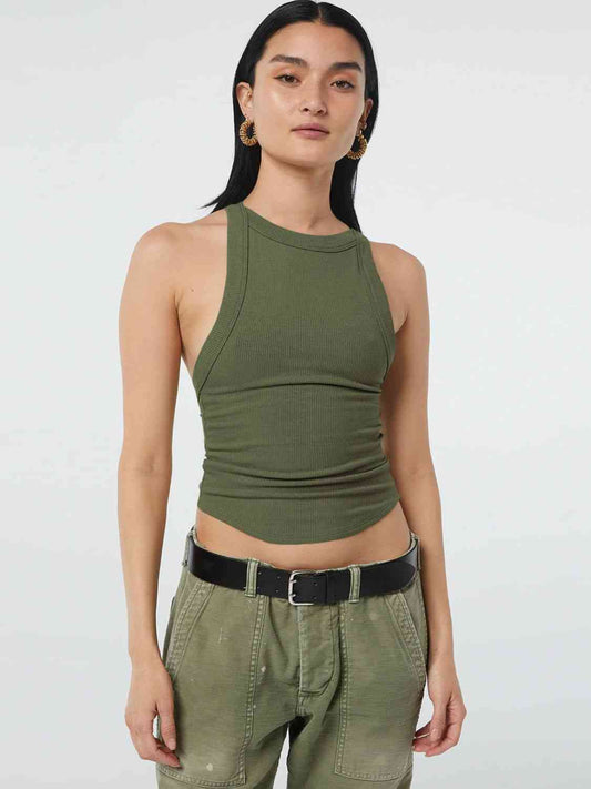 Halter Neck Ribbed Cropped Top Army Green