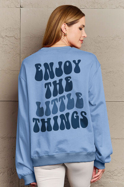 Simply Love Full Size ENJOY THE LITTLE THINGS Round Neck Sweatshirt Misty Blue