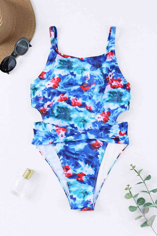 Floral Cutout Sleeveless One-Piece Swimsuit Sky Blue