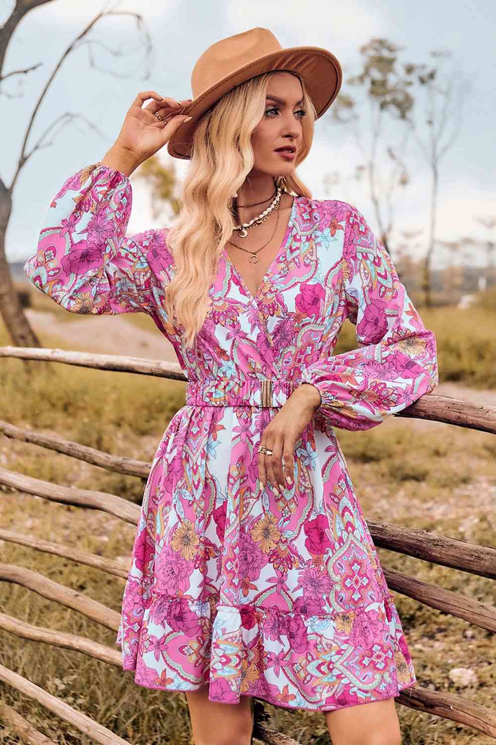 Printed Surplice Neck Long Sleeve Dress Hot Pink