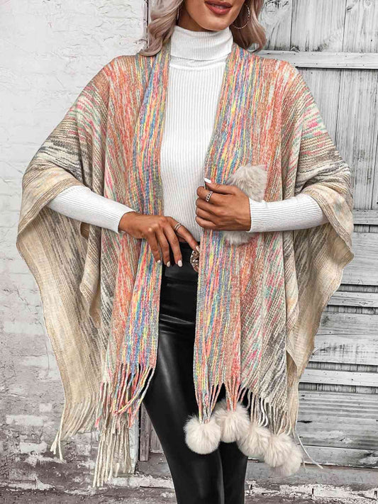 Open Front Poncho with Pom Poms Beige