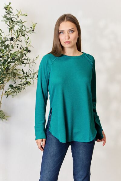 Zenana Round Neck Long Sleeve Slit Top Light Teal