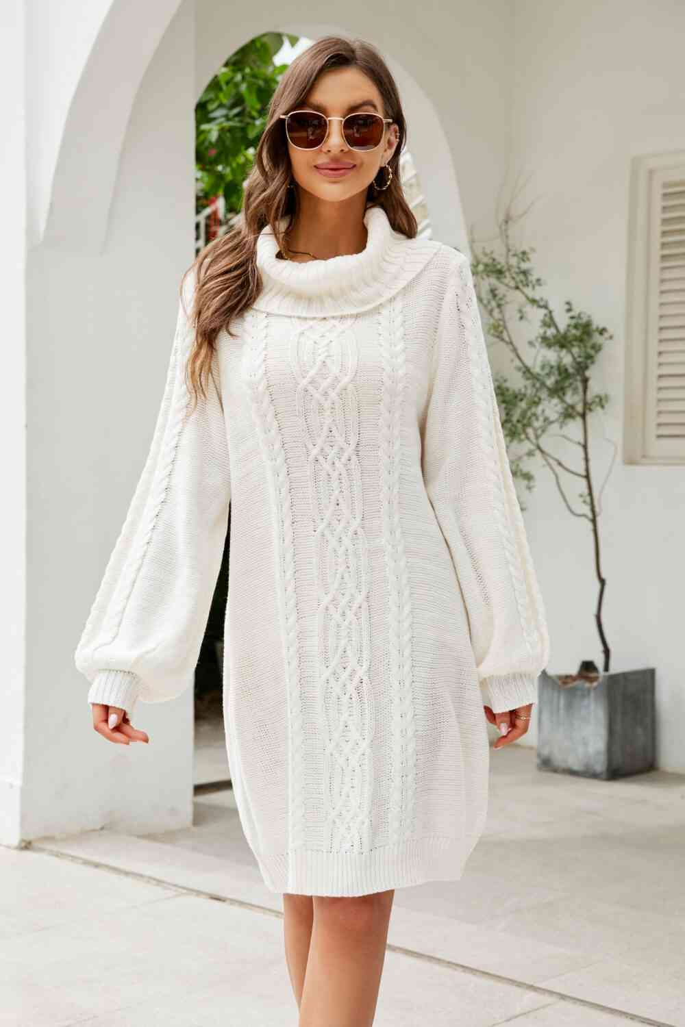 Woven Right Mixed Knit Turtleneck Lantern Sleeve Sweater Dress White