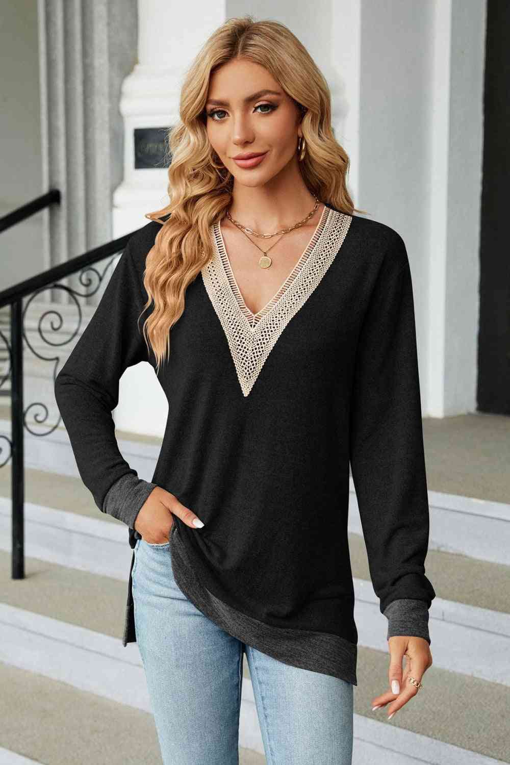 V-Neck Long Sleeve T-Shirt Black