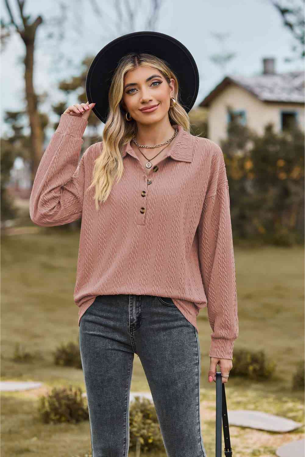 Collared Neck Long Sleeve Blouse Dusty Pink