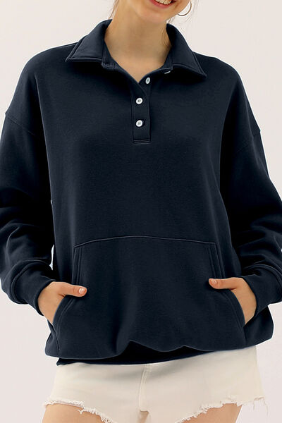 Ninexis Full Size Quarter-Button Collared Sweatshirt French Blue