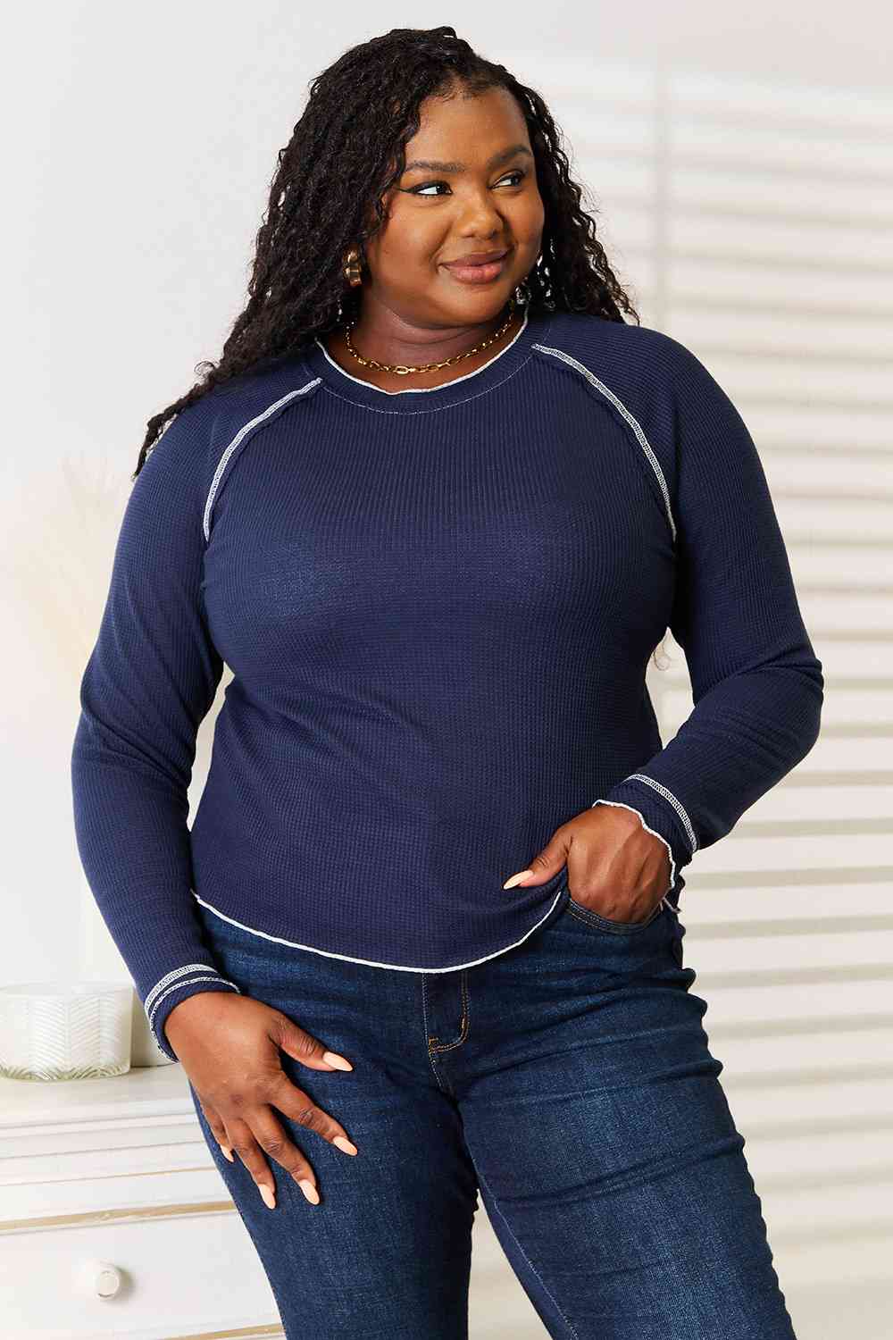 Basic Bae Long Raglan Sleeve Round Neck Top Navy