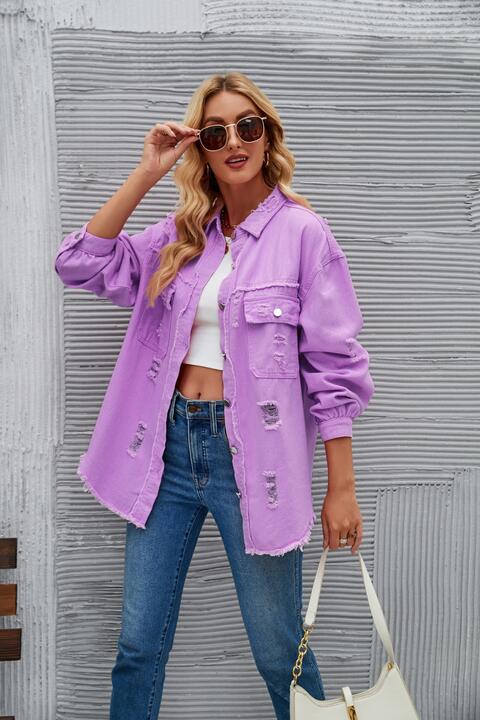 Distressed Raw Hem Denim Jacket Heliotrope Purple