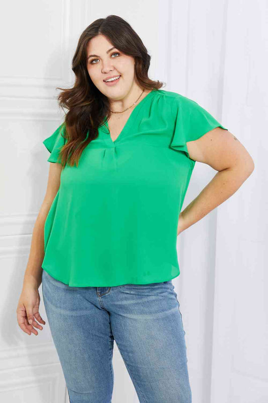 Sew In Love Just For You Full Size Short Ruffled Sleeve length Top in Green Mid Green