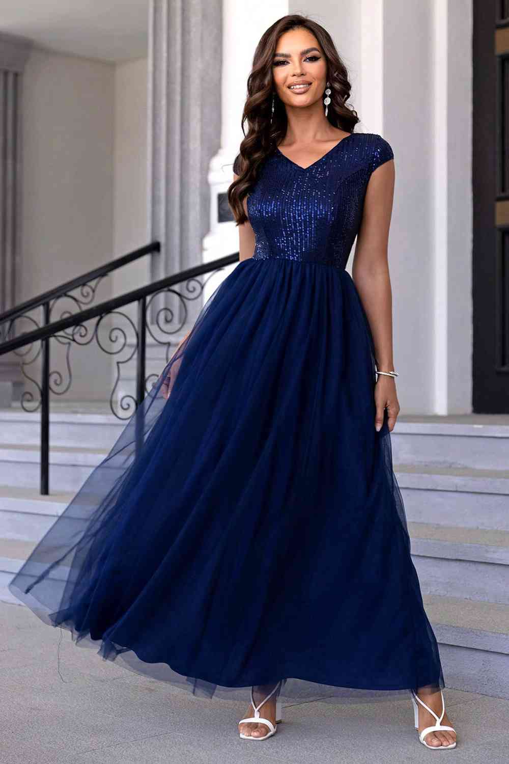 Sequin V-Neck Mesh Maxi Dress Navy