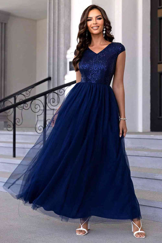 Sequin V-Neck Mesh Maxi Dress Navy