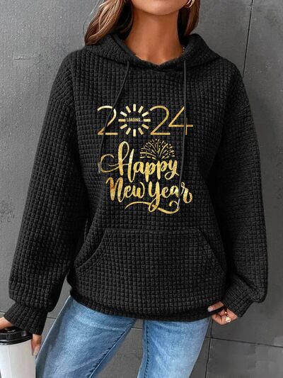 Full Size 2024 HAPPY NEW YEAR Waffle-Knit Hoodie Black