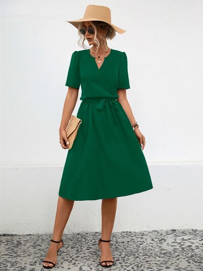 Tied Notched Short Sleeve Dress Green