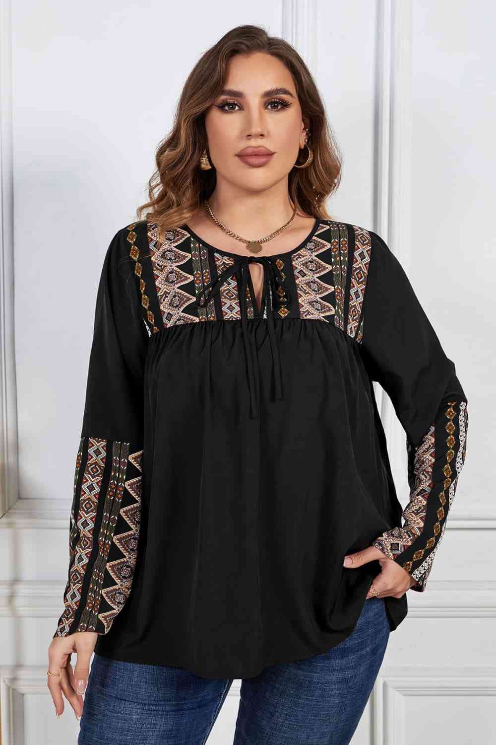 Melo Apparel Plus Size Printed Round Neck Tie Front Blouse Black