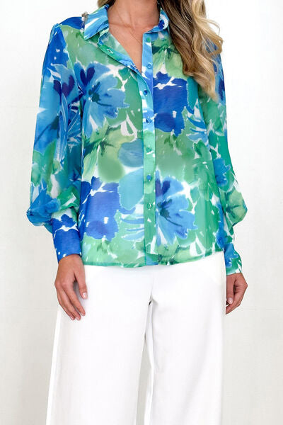 Printed Button Up Lantern Sleeve Shirt