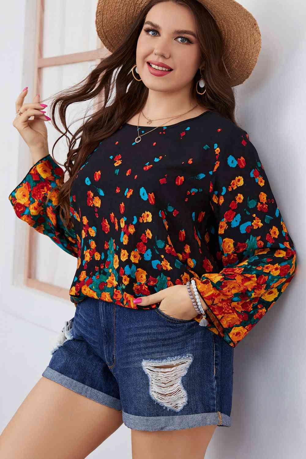 Melo Apparel Plus Size Floral Round Neck Long Sleeve Blouse Black