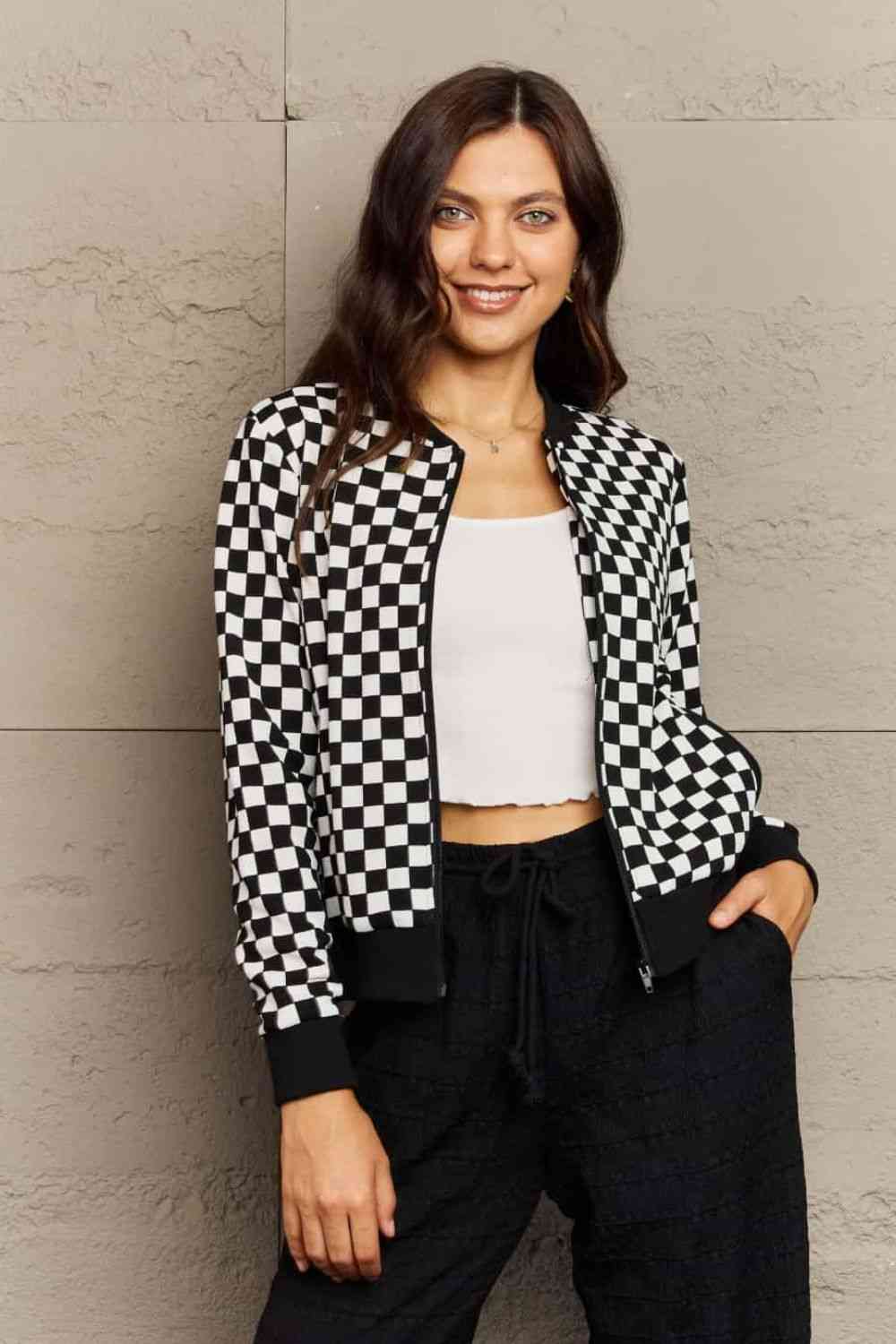 Ninexis Full Size Plaid Round Neck Long Sleeve Jacket Plaid