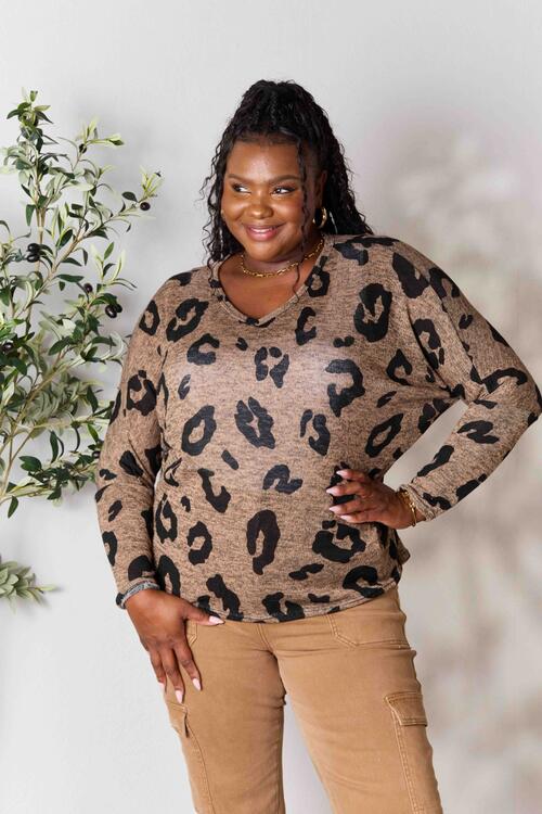 Hopely Full Size Leopard V-Neck Long Sleeve T-Shirt