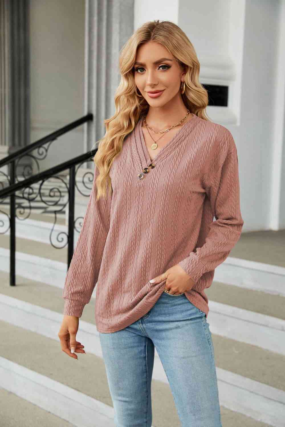 Decorative Button V-Neck Long Sleeve T-Shirt Dusty Pink