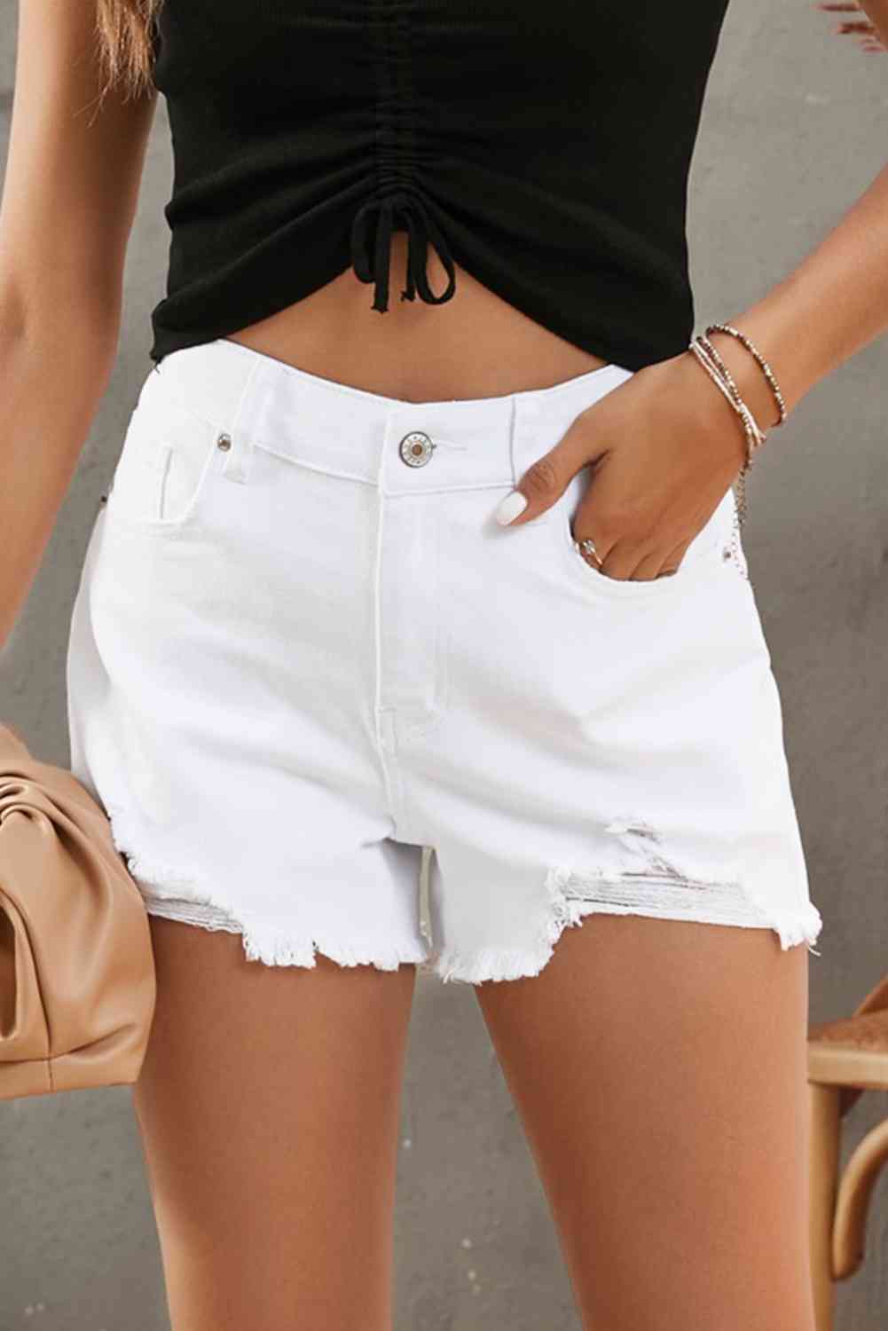 Frayed Hem Distressed Denim Shorts with Pockets White