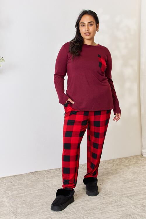 Zenana Full Size Plaid Round Neck Top and Pants Pajama Set Dark Burgundy