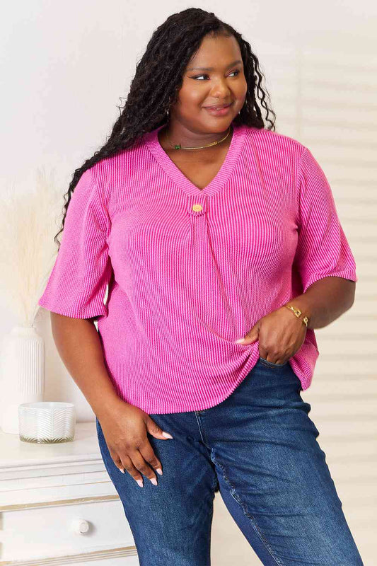 Sew In Love Full Size Ribbed V-Neck Short Sleeve Top Fuchsia Pink