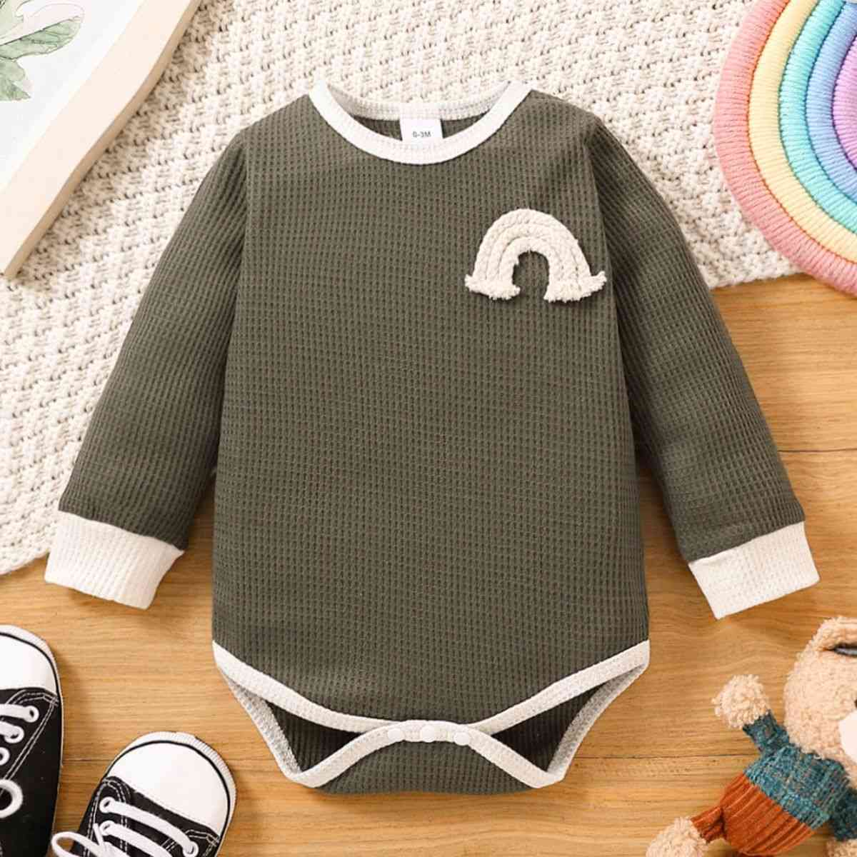 Baby Contrast Trim Waffle-Knit Long Sleeve Bodysuit Sage