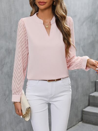 Notched Long Sleeve Blouse Blush Pink