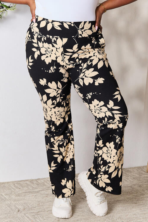 Heimish Full Size High Waist Floral Flare Pants Black/Taupe