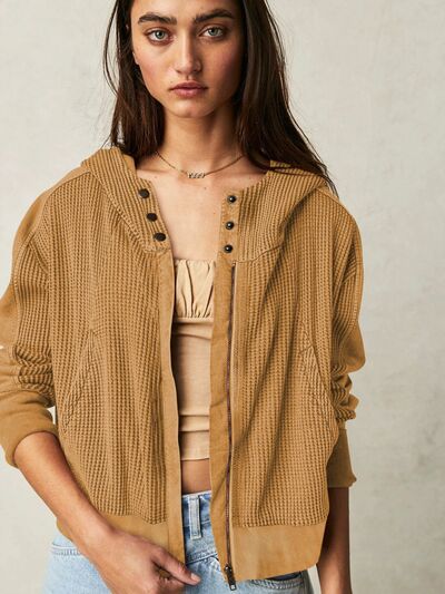 Waffle-Knit Dropped Shoulder Hooded Jacket Camel