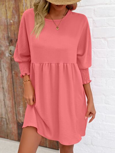 Round Neck Lantern Sleeve Mini Dress Coral