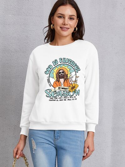 Graphic Round Neck Dropped Shoulder Sweatshirt White