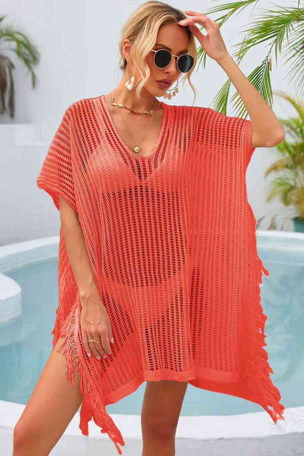 Fringe Trim Openwork Cover Up Orange One Size