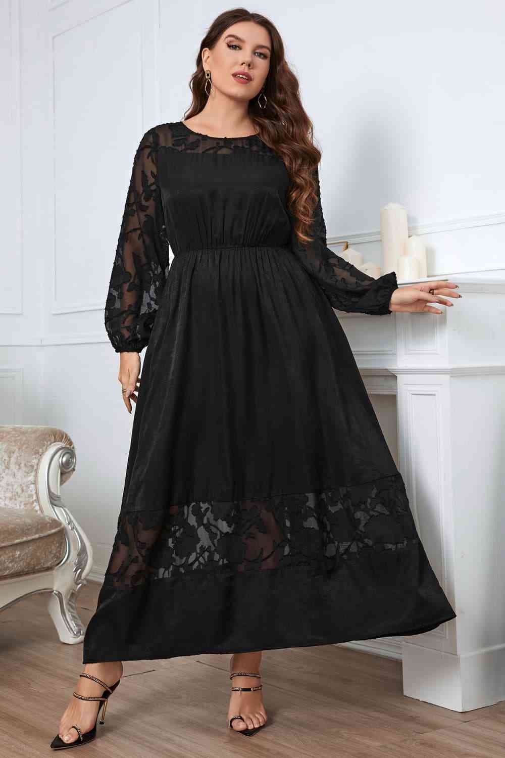Melo Apparel Plus Size Embroidery Round Neck Long Sleeve Maxi Dress Black
