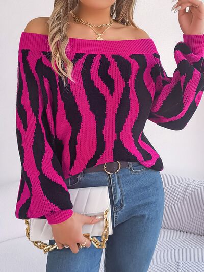 Off-Shoulder Animal Print Long Sleeve Sweater Hot Pink