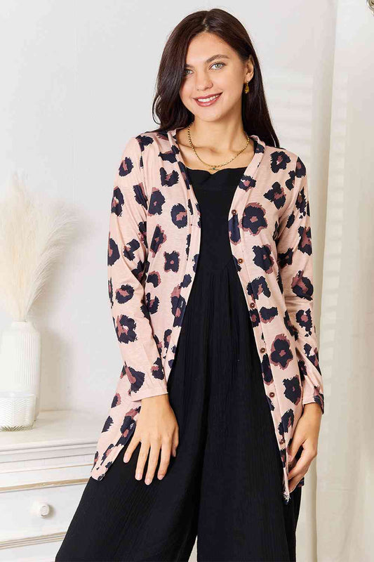 Double Take Printed Button Front Longline Cardigan Leopard