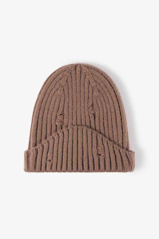 Distressed Rib-Knit Beanie Brown One Size