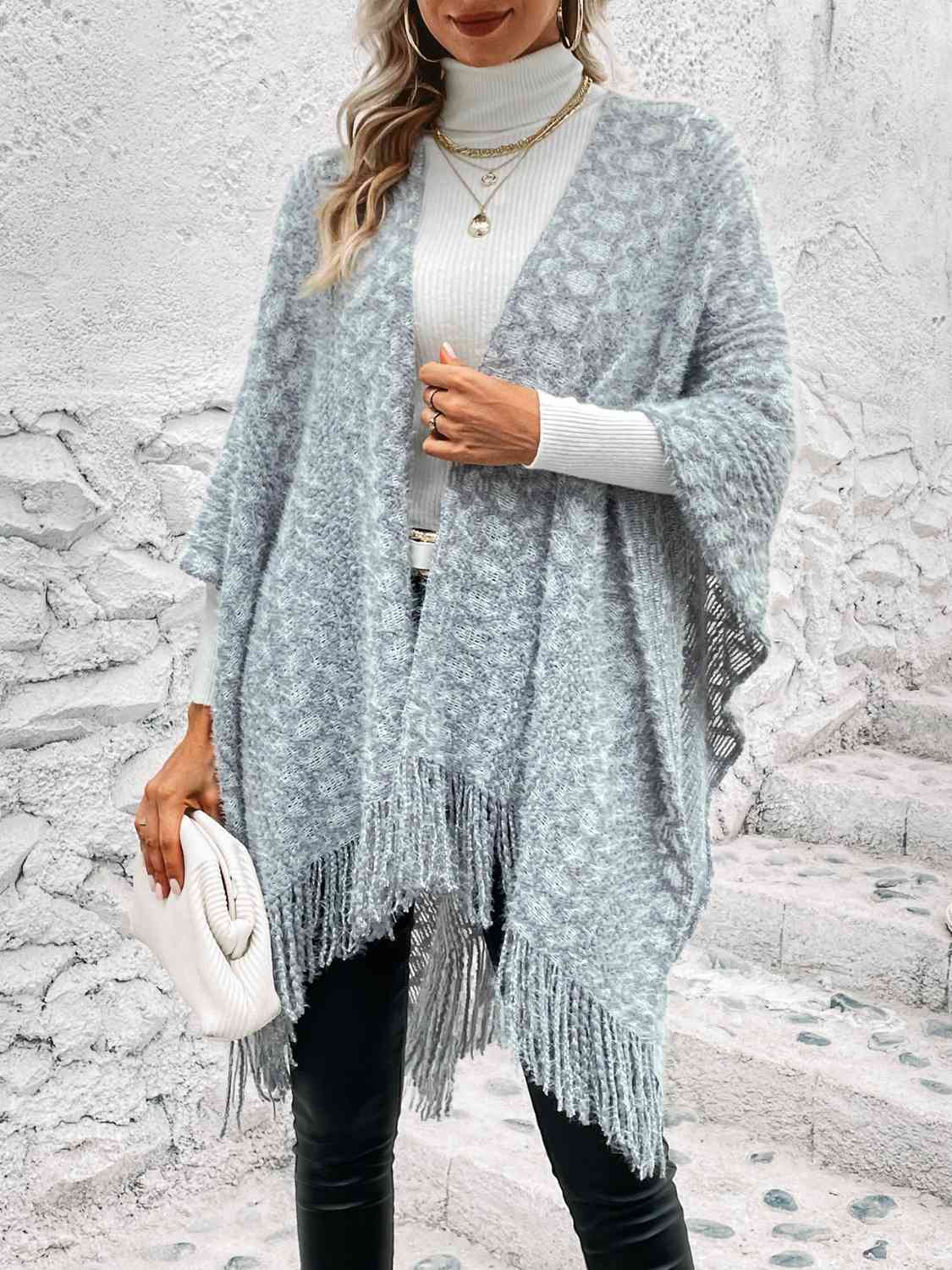 Open Front Fringe Hem Poncho Misty Blue