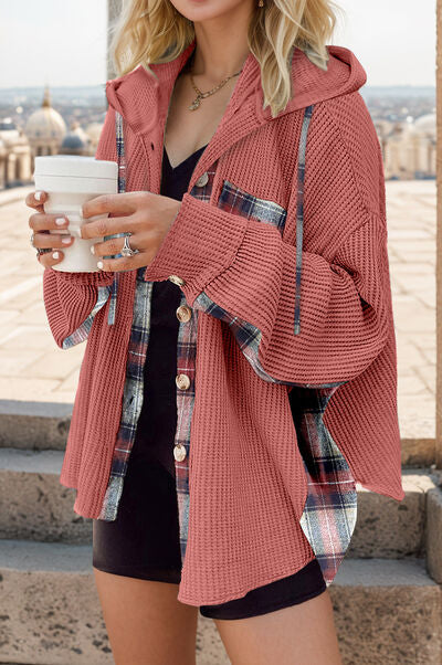 Plaid Waffle-Knit Drawstring Hooded Jacket Strawberry