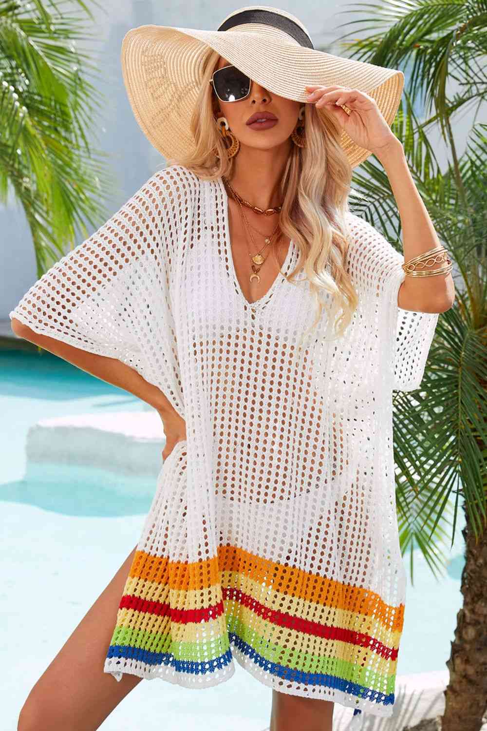 Rainbow Stripe Openwork Slit Cover-Up White One Size