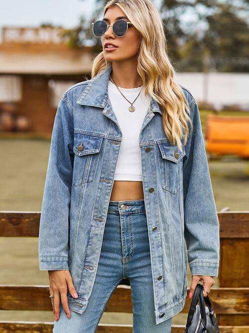 Collared Neck Denim Jacket With Pockets Medium