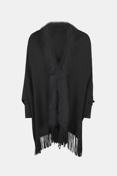 Fringe Open Front Long Sleeve Poncho Black One Size